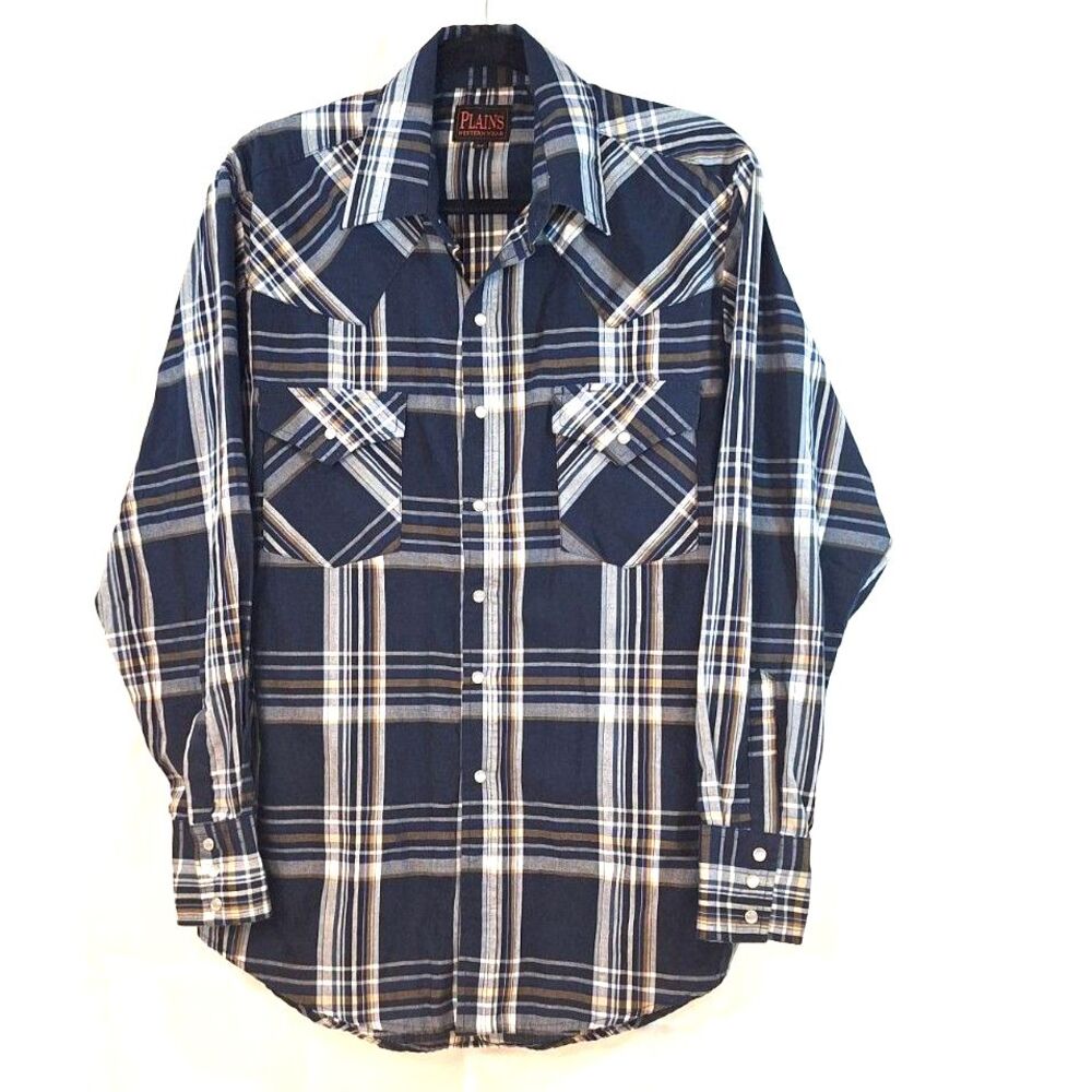Plains Western Wear Long Sleeve Pearl Snap Mens Shirt Blue Gray Brown Plaid Sz M